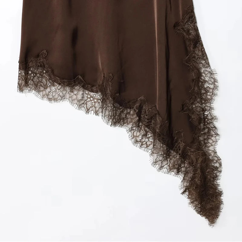 Black Satin Asymmetrical Lace Slip Dress