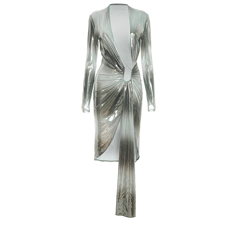 Weird Puss Sexy Silky Split Dress Women Irregular Ribbon Gradient Color Deep V-Neck Coquette Hottie Street Elegant Slim Bodycon