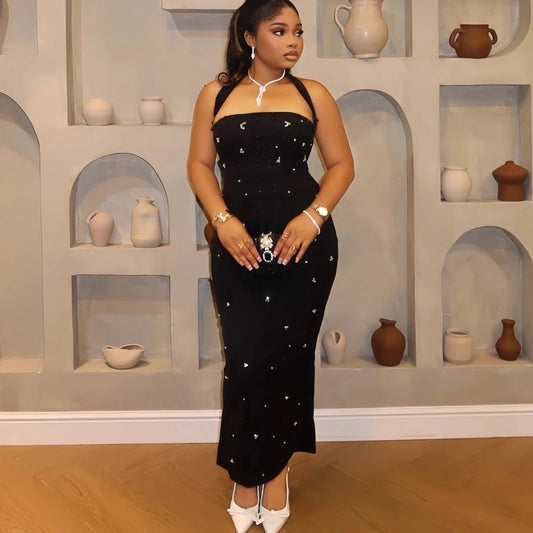 Women Dresses Beaded Dress Bodycon Hot Fix Rhinestones Halter Neck Sleeveless Cinched Empire Waist Ankle Length Slim 2025 Summer