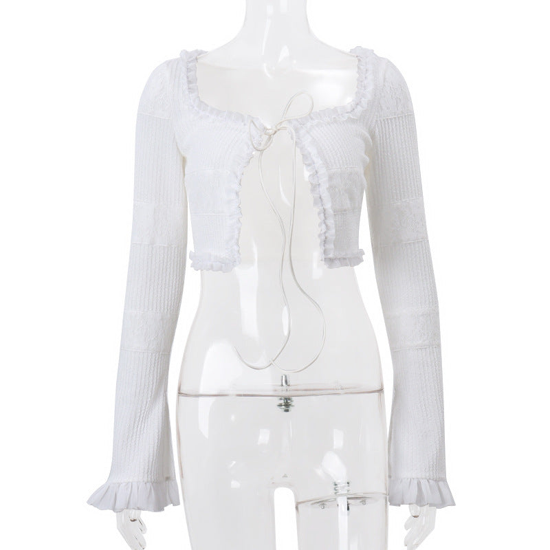 2 Piece Women Skirts Outfits Y2K Fairy Vintage Long Sleeve Cardigan Tops + Ruffle Mini Skirt 00s Retro Coquette Matching Set