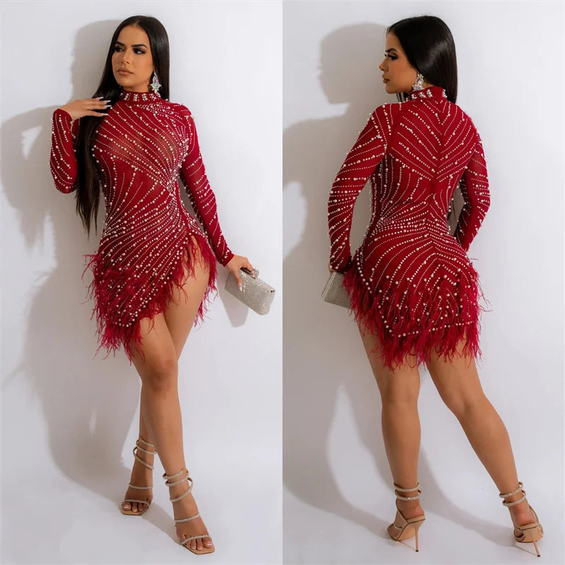 Sexy Pearls Rhinestone Party Dresses Women Elegance Nightclub Feather Birthday Dress Long Sleeve Mesh Sheer Bodycon Mini Dress