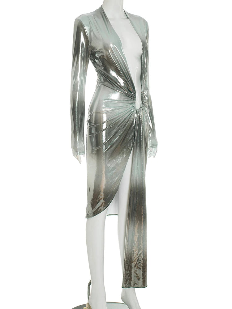 Weird Puss Sexy Silky Split Dress Women Irregular Ribbon Gradient Color Deep V-Neck Coquette Hottie Street Elegant Slim Bodycon