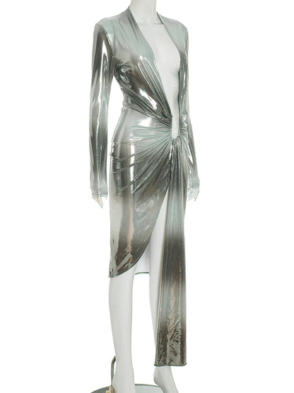 Gradient Silky V-Neck Split Bodycon Dress