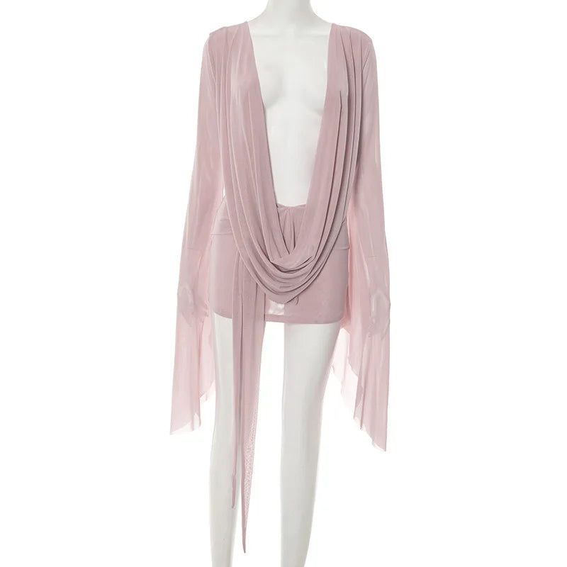 Women Sexy See Through Mesh Mini Dress Deep V-neck Lace Up Backless Flare Long Sleeve Ribbon Party Clubwear Holiday Outfits