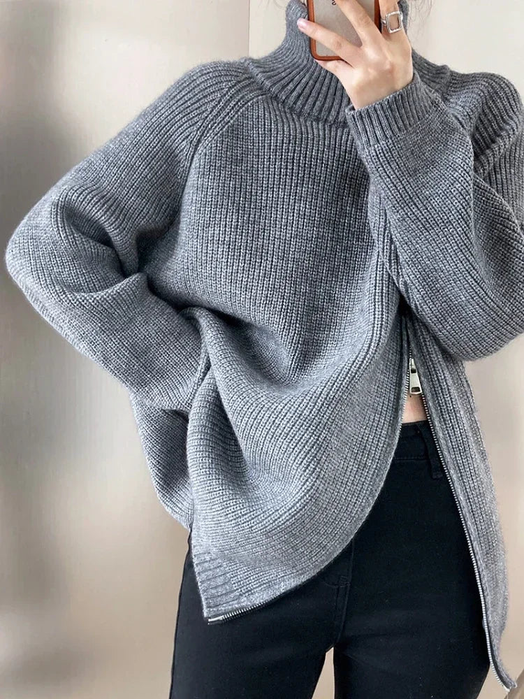 Oversized Turtleneck Zipper Sweater