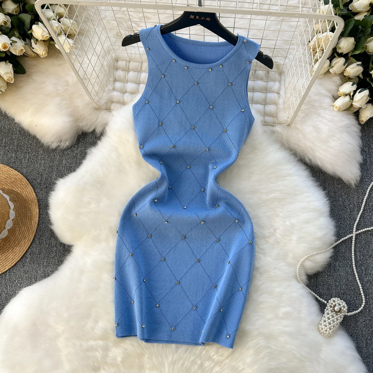 Beading Knitting Sheath Tank Dress Bodycon