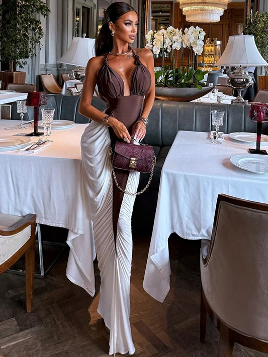 SiSSisterlinda Halter Ruched Dress Women Bandages Patchwork Backless Thin Slit Summer Clubwear Birthday Party Ruched Vestidos