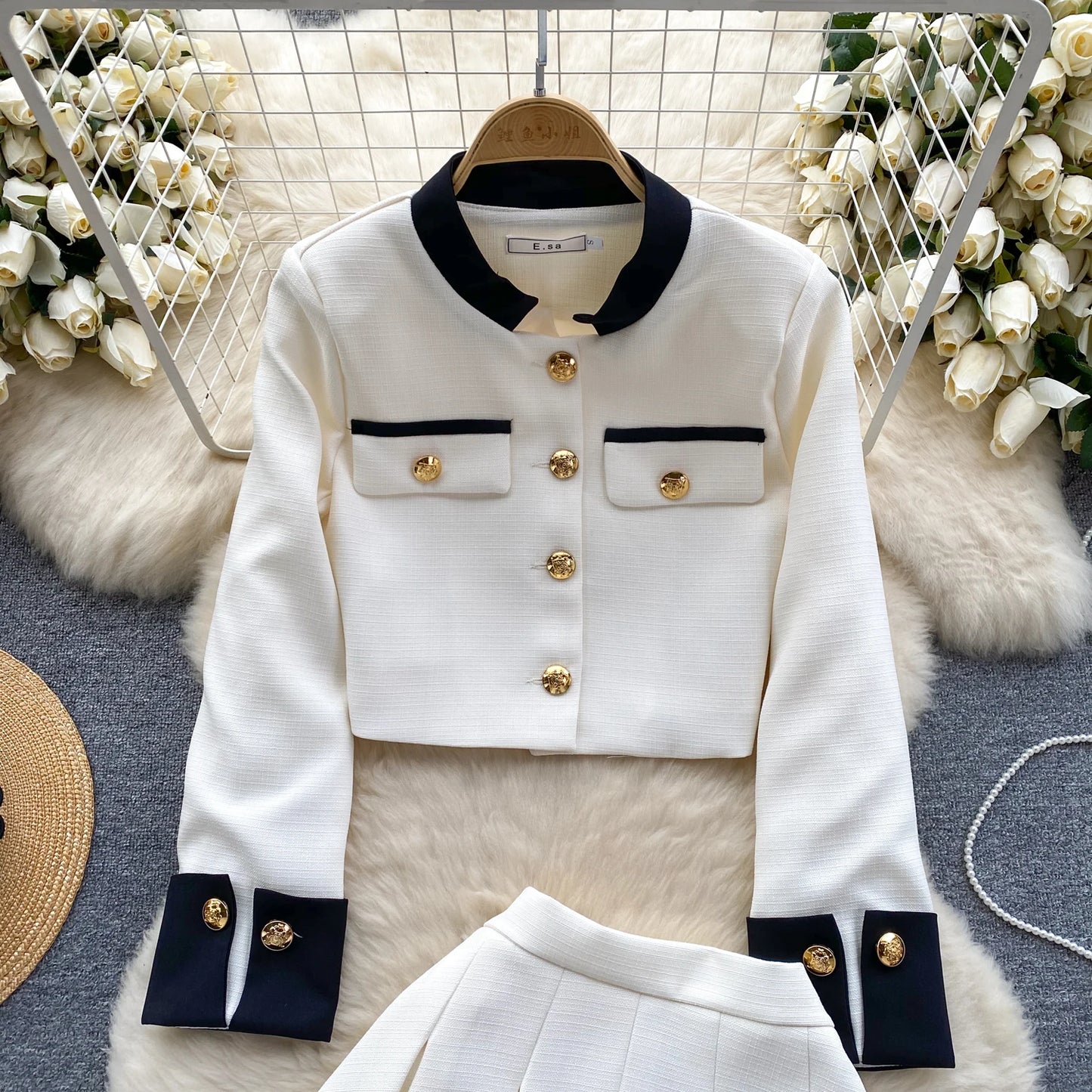 KUSAHIKI 2024 Spring Women's Color Block Short Cardigan Coat + High Waisted Pleated Half Skirt Two Piece Set