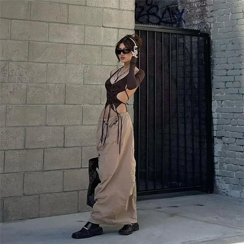 2025 New Dark Y2k Punk Drawstring Bandage Sexy Camis Techwear Backless Long Sleeve Crop Tops Women's Bodycon Summer Streetwear