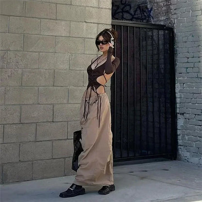 Drawstring Backless Long Sleeve Crop Top