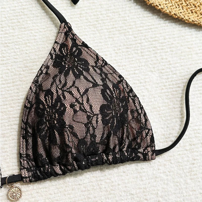 Contrast Lace Three-Piece Bikini Set