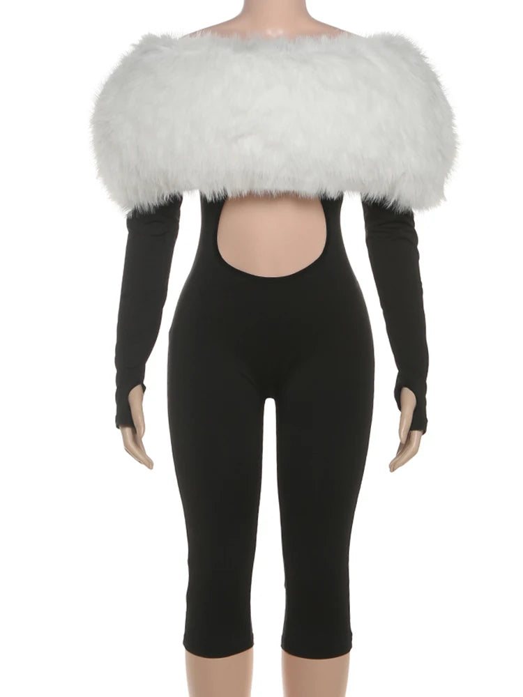 Weird Puss Furry Slash Neck Jumpsuit Woman Sexy Hollow Patchwork Full Sleeve Backless Skinny Hottie Street Autumn New Overalls