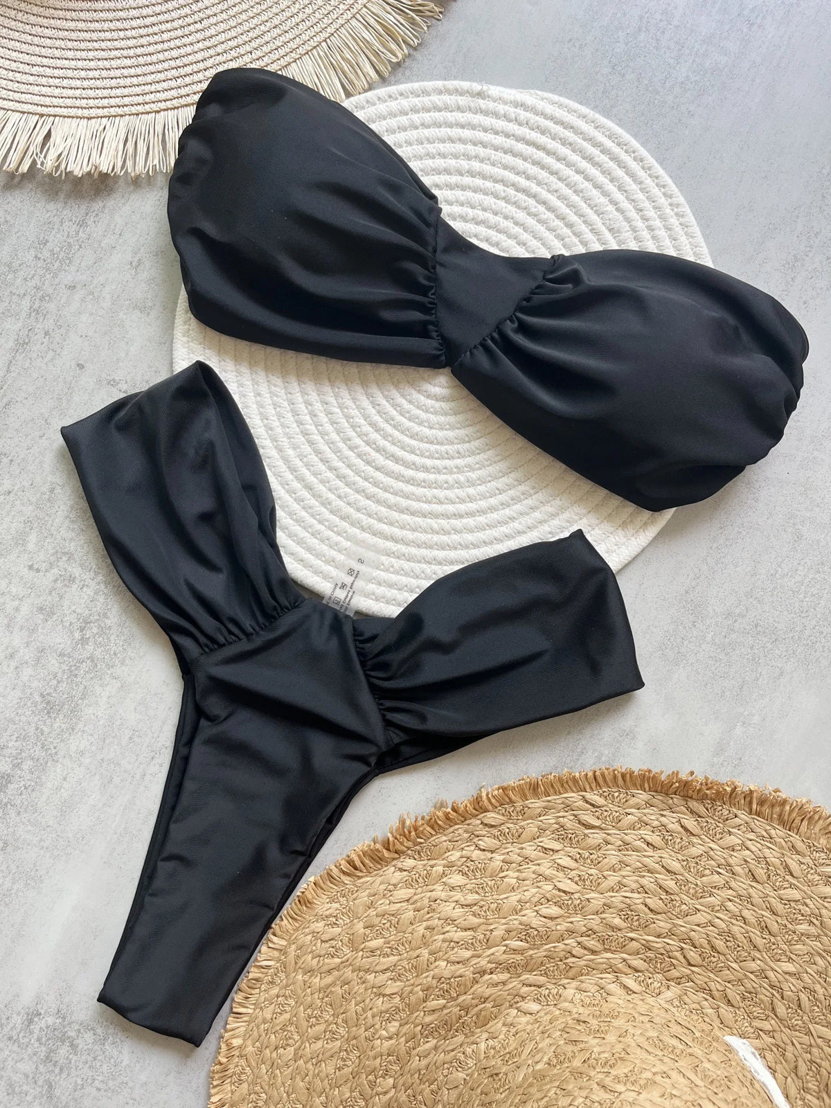 Pleated Bandeau High-Cut Bikini Set