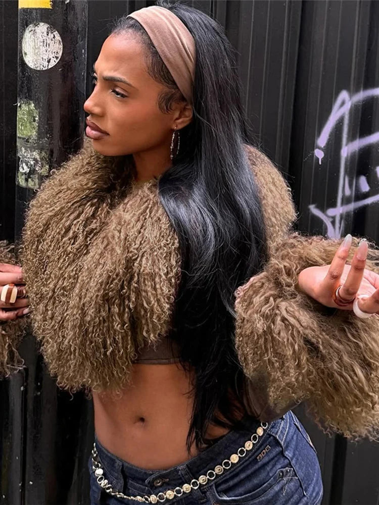 Nibber Wild Coats Woman Furry Tassel Decoration Autumn Trend Low-Neck Full Sleeve Navel Exposed High Street Style Classic Tops