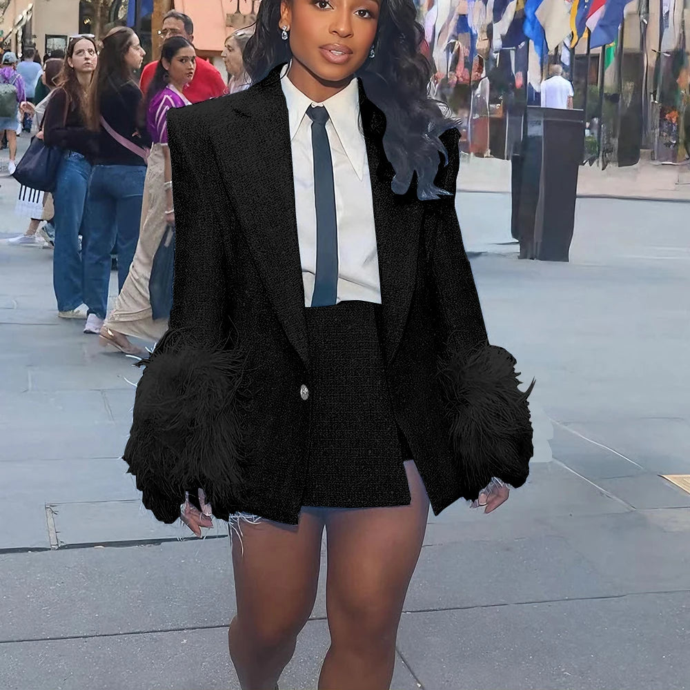Feather-Cuff Tweed Blazer & Skirt Set