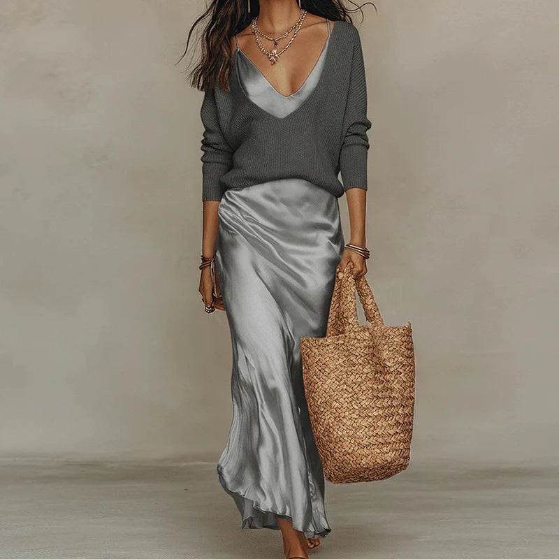 Elegant V-Neck 2-Piece Maxi Dress Set