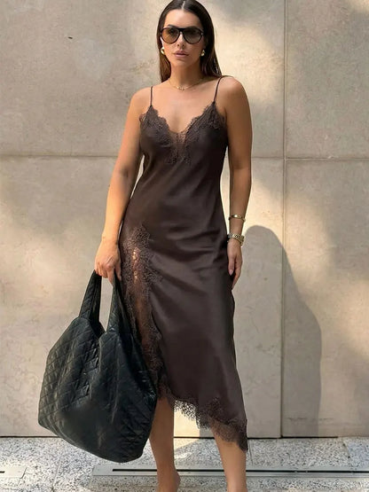 Lace-Spliced Satin Maxi Dress