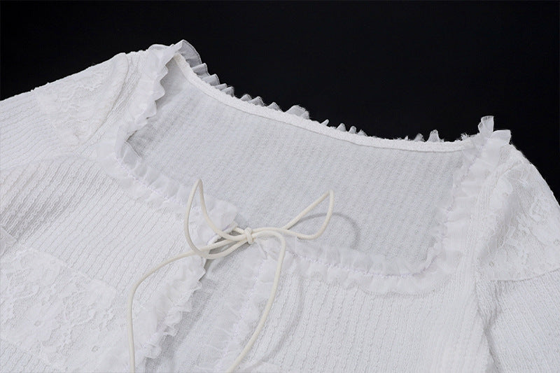 2 Piece Women Skirts Outfits Y2K Fairy Vintage Long Sleeve Cardigan Tops + Ruffle Mini Skirt 00s Retro Coquette Matching Set