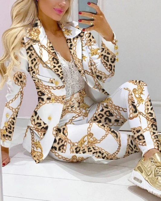 Printed Belted Blazer Pant Set