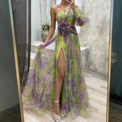 Formal Party Dress One Shoulder Tie-dye