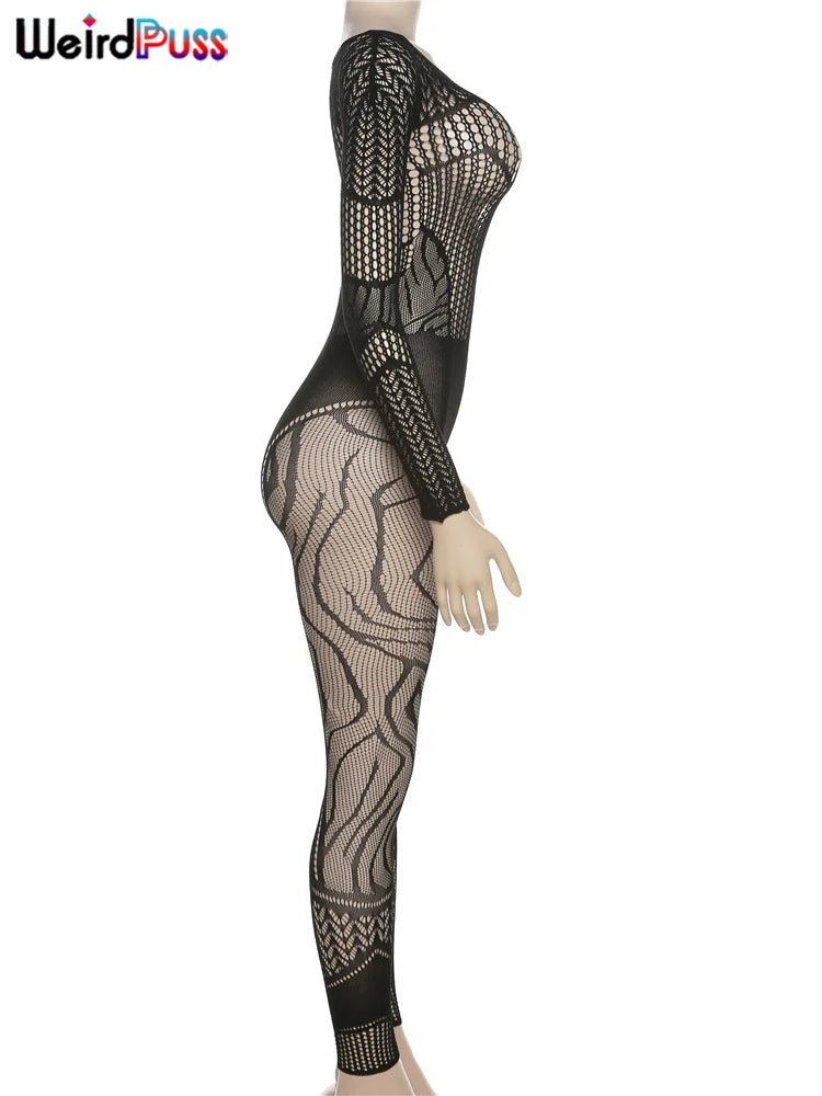 Weird Puss See Through Women Jumpsuits Long Sleeve Hollow Out Hot Girls Sexy Nightclub Dance Party Body-Shaping Coquette Outfits
