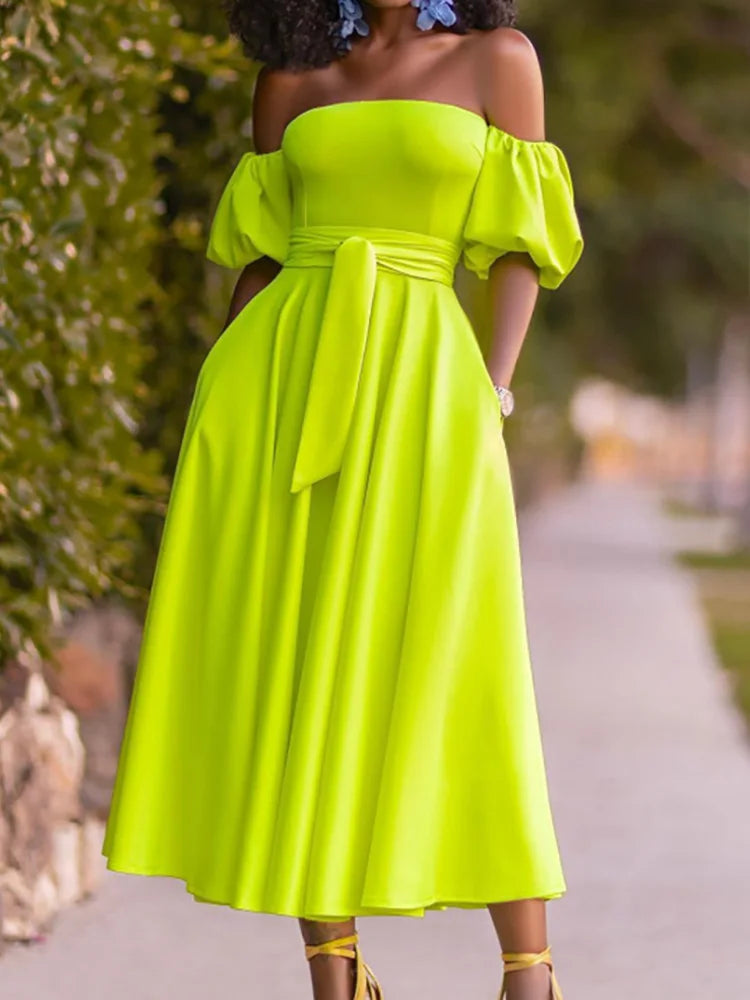 Slim Fit Belt Elegant Lady Midi Dresses Summer Women Off Shoulder Solid Party Dress Slash Neck Short Sleeve Patchwork Club Dress