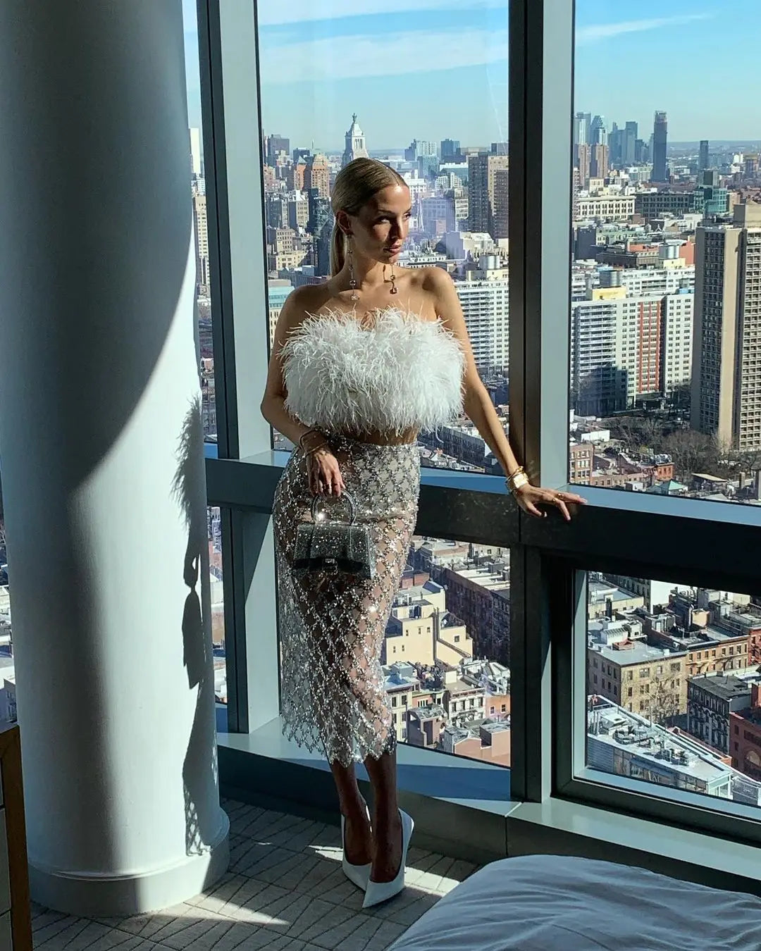 Feather Bandage Top & Sequined Skirt Set