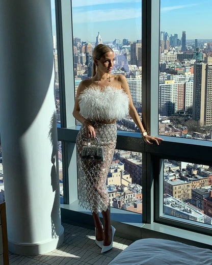 Feather Bandage Top & Sequined Skirt Set