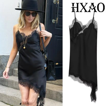 Black Satin Asymmetrical Lace Slip Dress