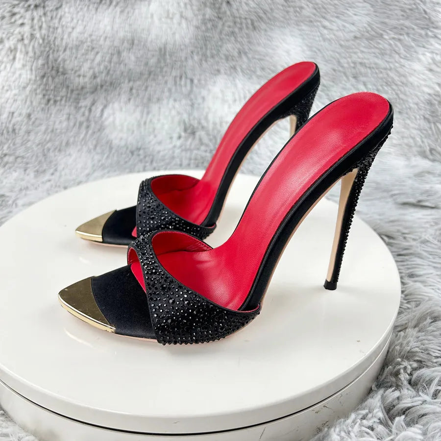 Diamond Black print high heeled slippers
