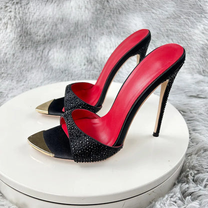 Diamond Black print high heeled slippers