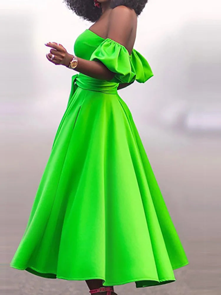 Slim Fit Belt Elegant Lady Midi Dresses Summer Women Off Shoulder Solid Party Dress Slash Neck Short Sleeve Patchwork Club Dress