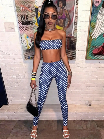 Dot Print Backless Halter Two-Piece Set