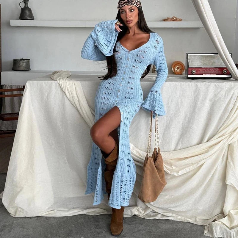 Casual V-Neck Knit Maxi Dress