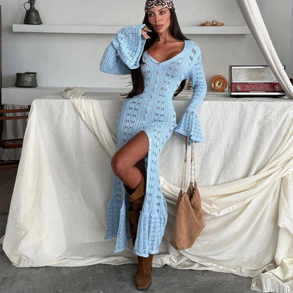 Casual Knit Maxi Dress V Neck