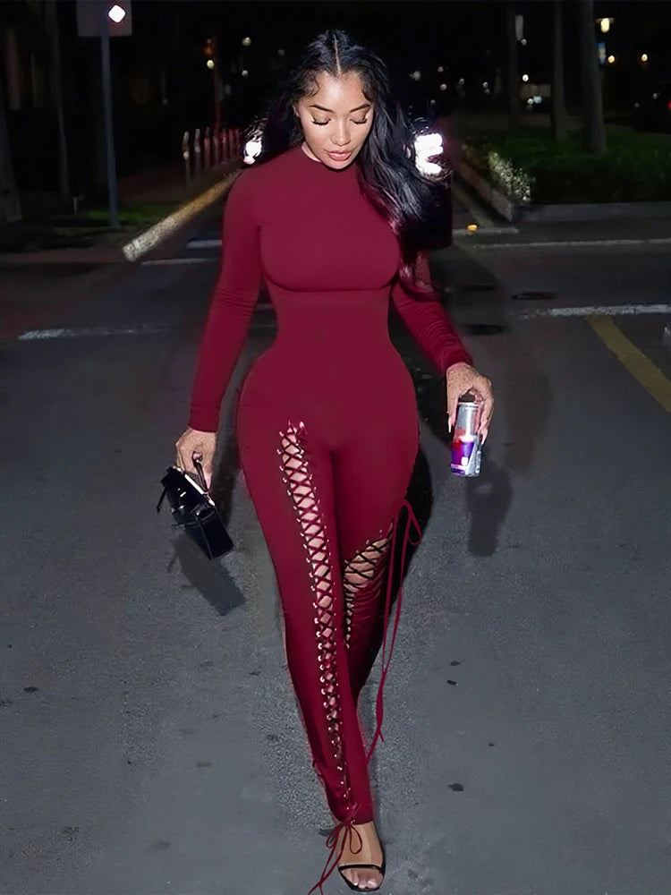 Weird Puss Sexy Fall Jumpsuits Women Diy Shirring o-Neck Full Sleeve Midnight Party Club Stretch Activity Fitness Slim Overalls