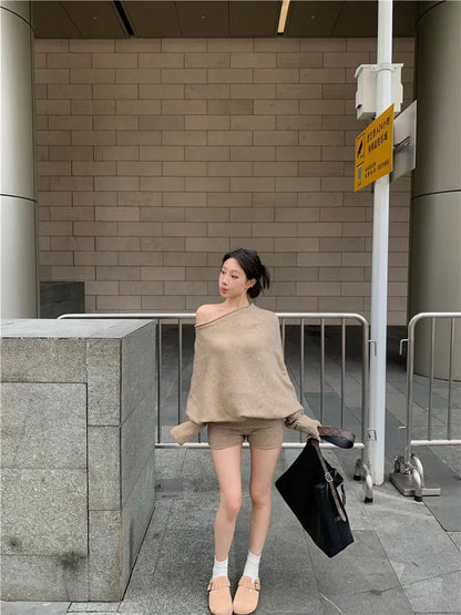 One-Shoulder Sweater & Mini Shorts Set