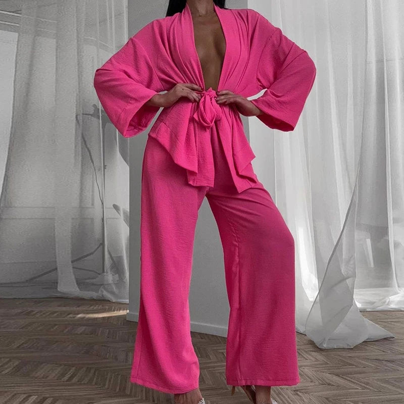 Sexy V-neck Lace-up Cardigan & Long Pant Suit 2024 Women Causal Long Sleeve Solid 2Pc Set Office Elegant Homewear Loose Outfits