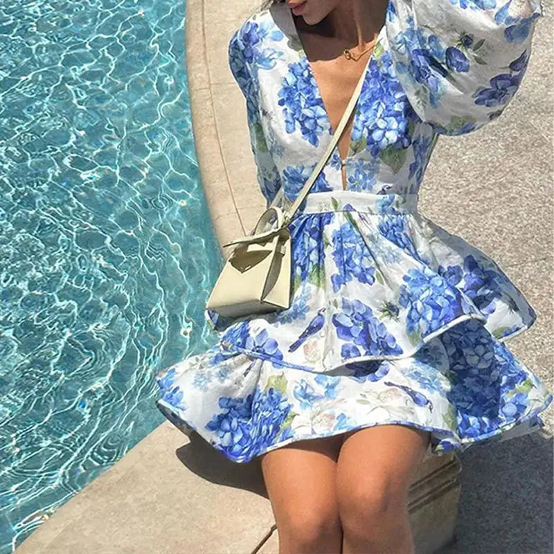Floral Puff Sleeve Ruffle Mini Dress