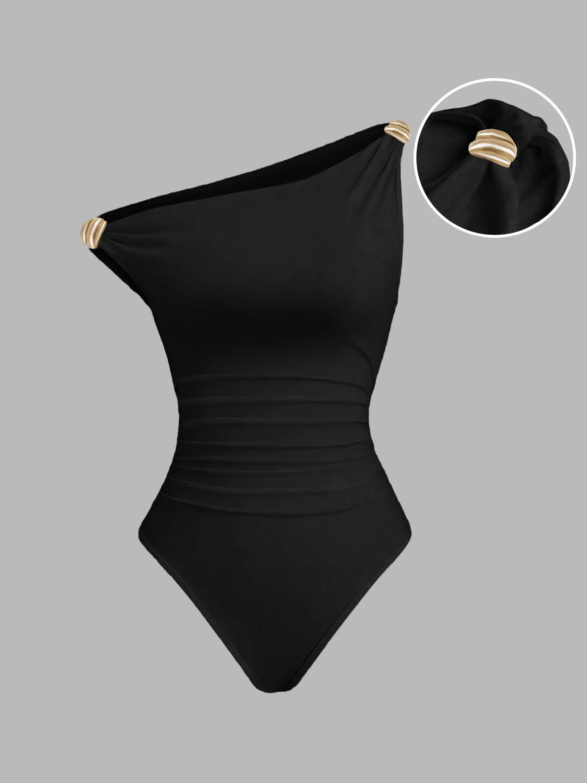 One-Shoulder Ruched Gold-Buckle Bodysuit
