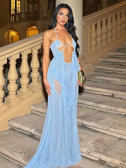 Halter See-Through Chain Backless Maxi Gown