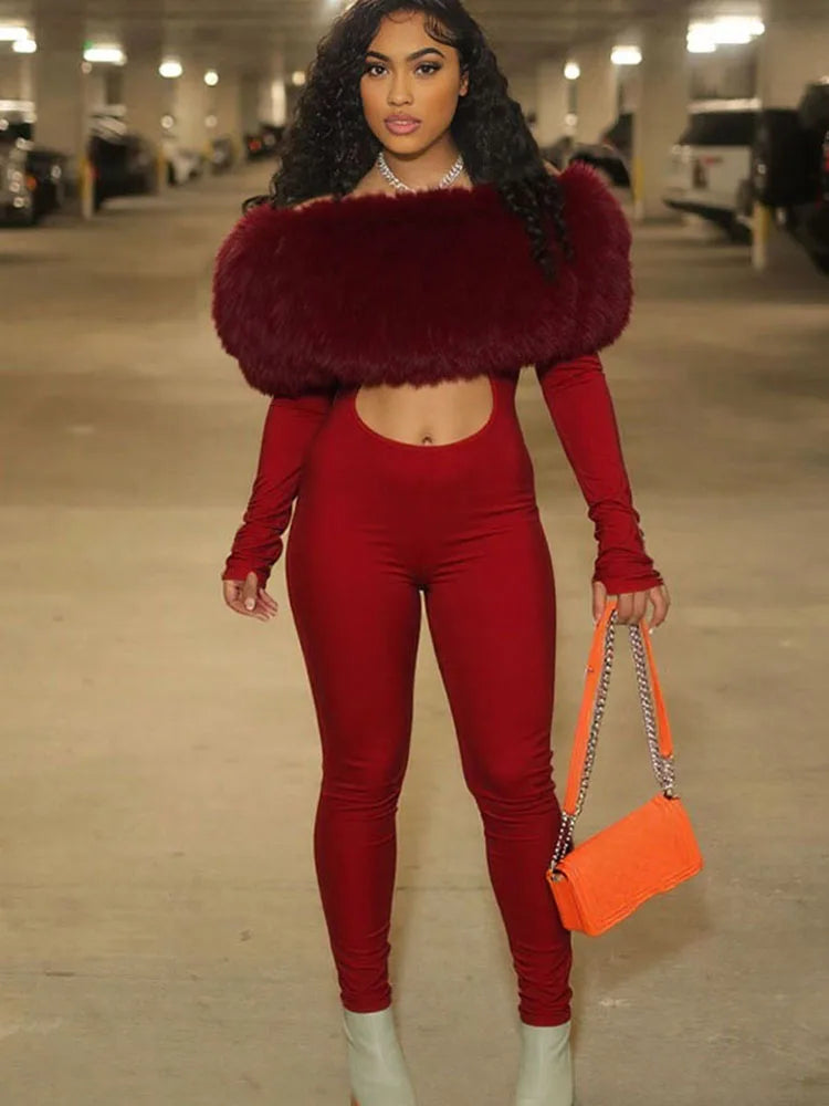 Nibber Hollow Slash Neck Jumpsuits Woman Furry Patchwork Autumn New Trend Sexy Navel Exposed Skinny Peach Hip Hottie Clubwear