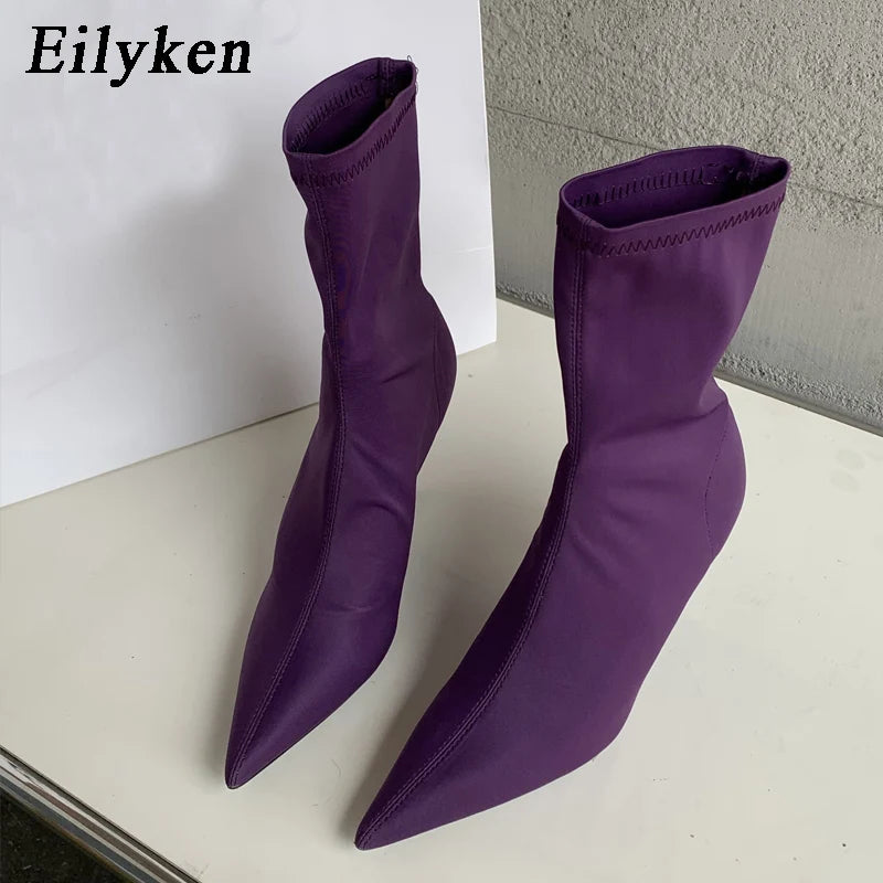 Eilyken Candy Colors Stretch Fabric Ankle Boots For Women Pointed Toe Fashion  Short Booties Spring Autumn Thin High Heels Shoes