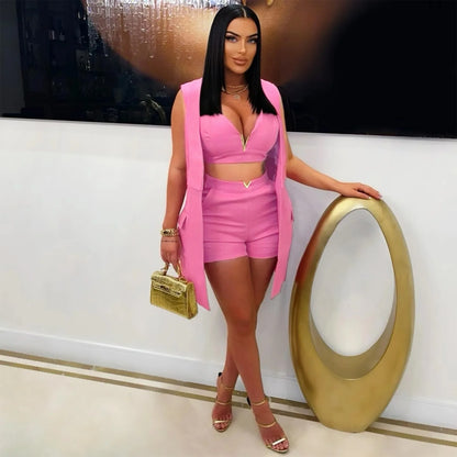 Three-Piece Blazer Vest & Shorts Set