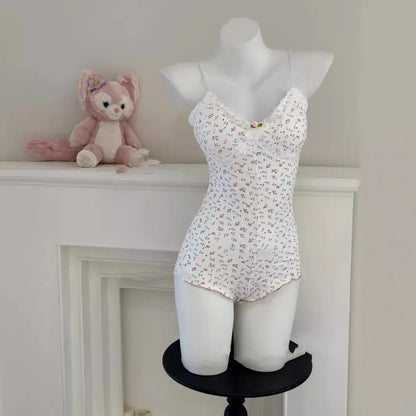 Floral Print Lace Trim Bodysuit
