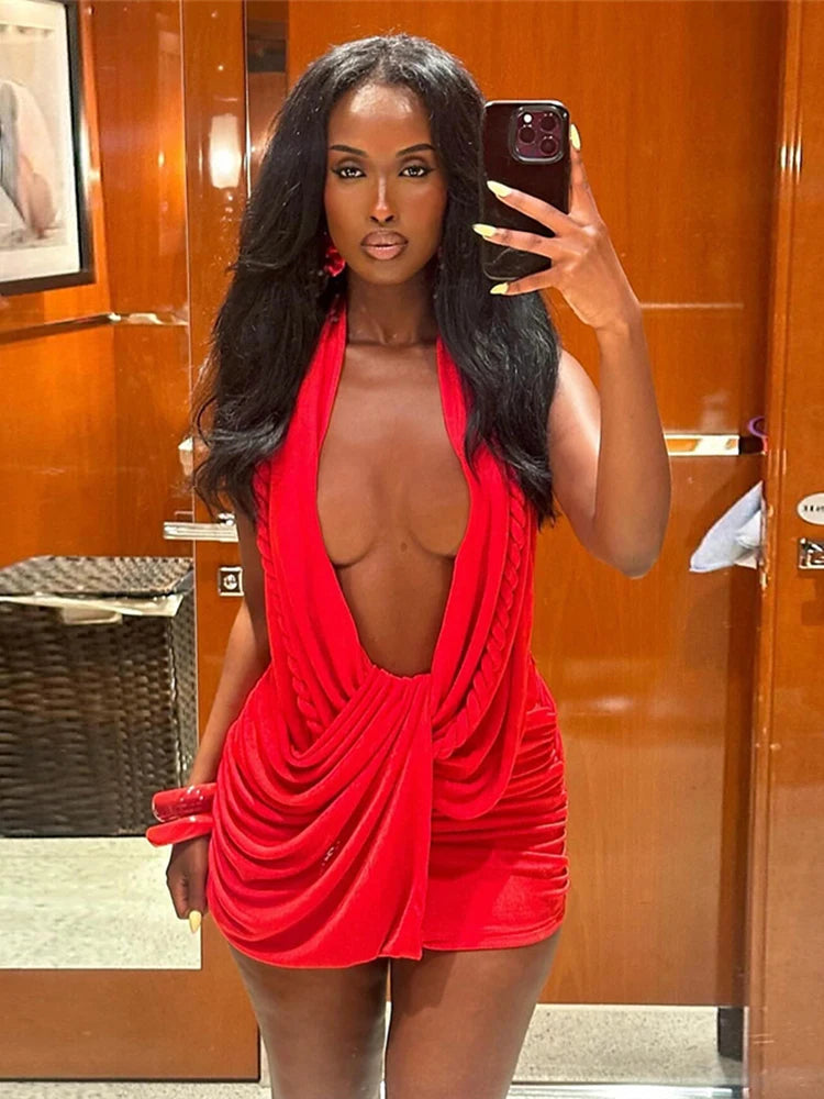 Nibber Backless Dress Woman Twist Bandage Halter Swing Collar Cleavage Sleeveless Midnight Club Party Sexy Fashion Mini Bodycon