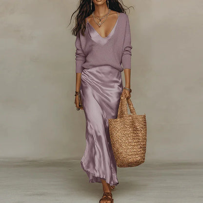 Knitted Sweater & Satin Midi Dress Set