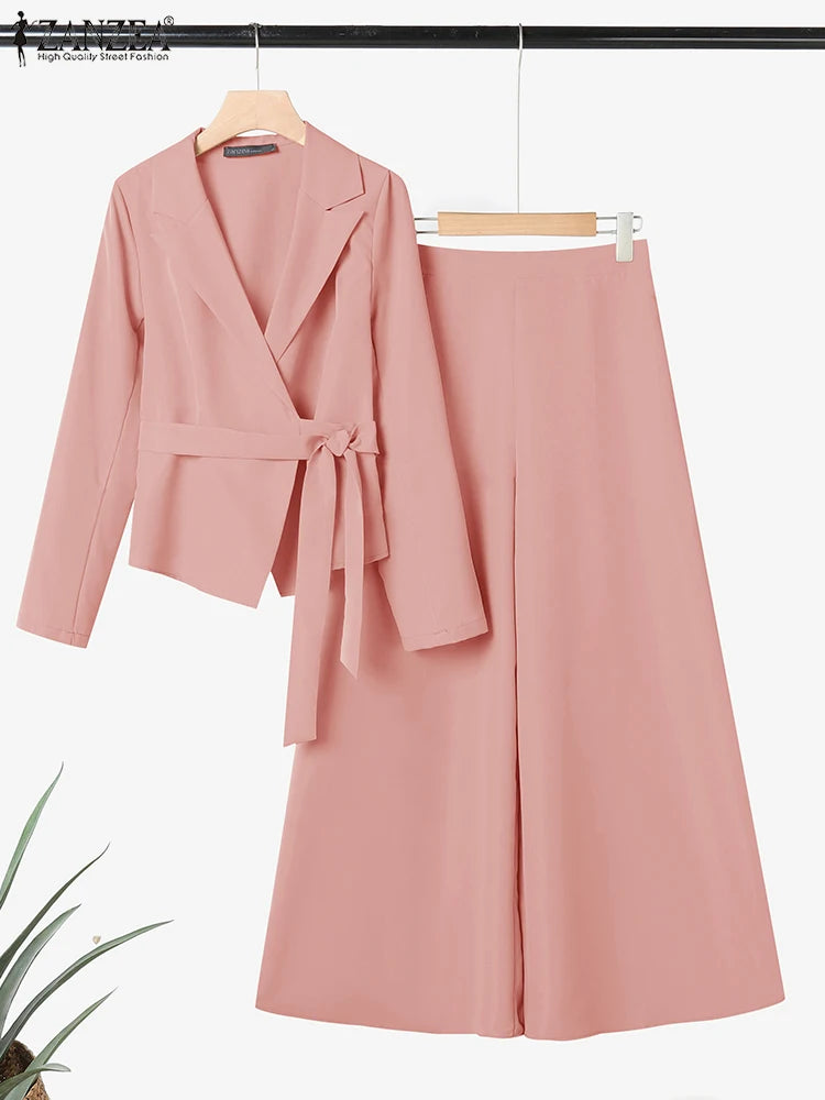 ZANZEA Pant Sets Long Sleeve Belted