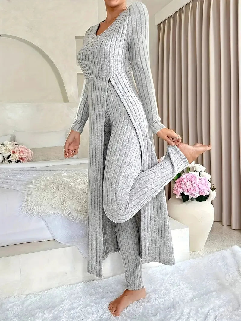 O-Neck Split Top & Slim Trousers Lounge Set