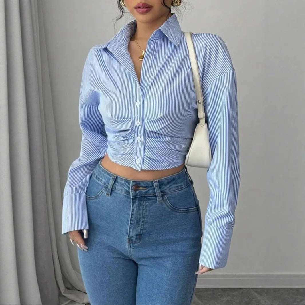 Striped Shirt Ruched Folds Long Sleeve